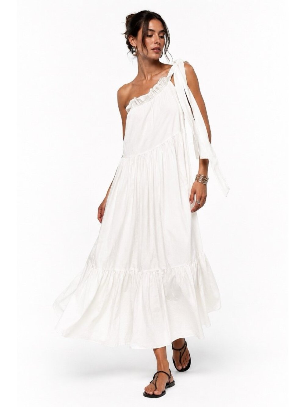 WHITE ONE SHOULDER MAXI DRESS medium graduation engagement boho tiered cottage